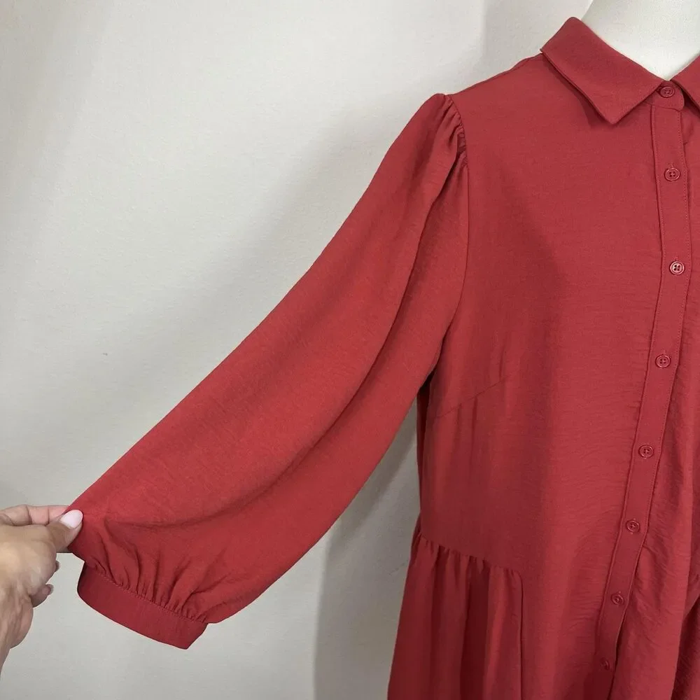 Tahari Arthur S Levine Shirt Dress Womens 14 Red Tiered Ruffle Hem - Picture 3 of 7